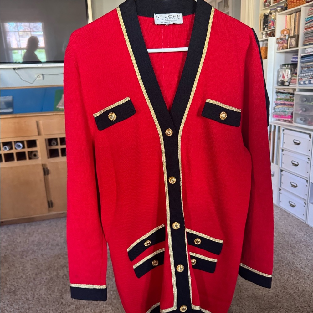 St. John Red and Black Cardigan with red skirt